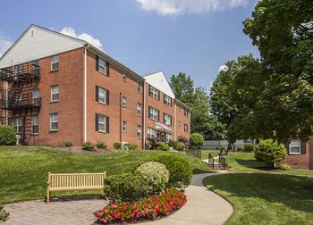 Private courtyards with park benches